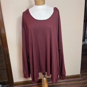 Bobeau Womens 3X Burgundy Hooded Pullover Top Long Sleeve Scoop Neck Relaxed Fit